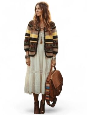 Bohemian Geometric Knit Cardigan XL - Pom Pom Trim Open Front